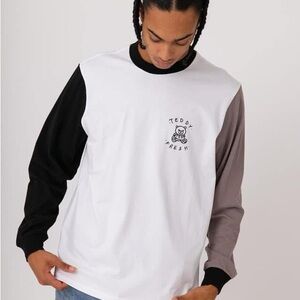 Teddy Fresh White Colorblock Long Sleeve Tee with Black and Grey Sleeves